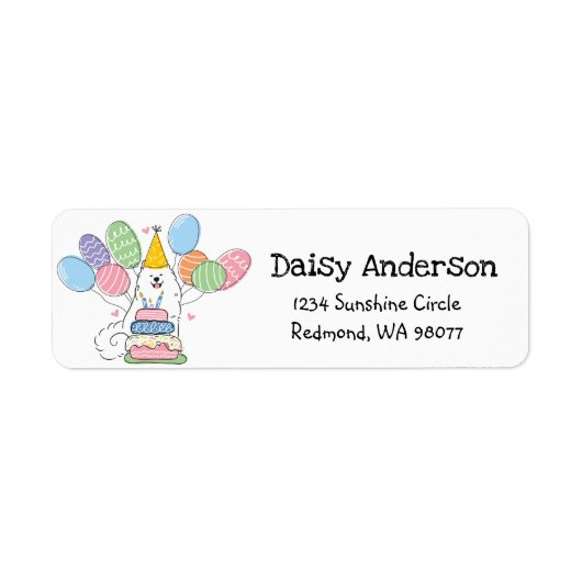 Samoyed verjaardagsfeestje retour adres label (Voorkant)