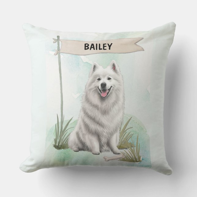 Samoyed Waterverf Gepersonaliseerde Hond Kussen (Voorkant)