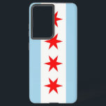 Samsung Galaxy S21 Ultra Hoesje<br><div class="desc">Verhoog je Samsung Galaxy S21 Ultra met onze exclusieve telefoonhoes met de vlag van Chicago! Deze cover, die met precisie is gemaakt, laat met trots de iconische elementen van de vlag van Chicago zien. Het ontwerp toont vier rode sterren die historische gebeurtenissen weergeven: Fort Dearborn, de Great Chicago Fire, de...</div>