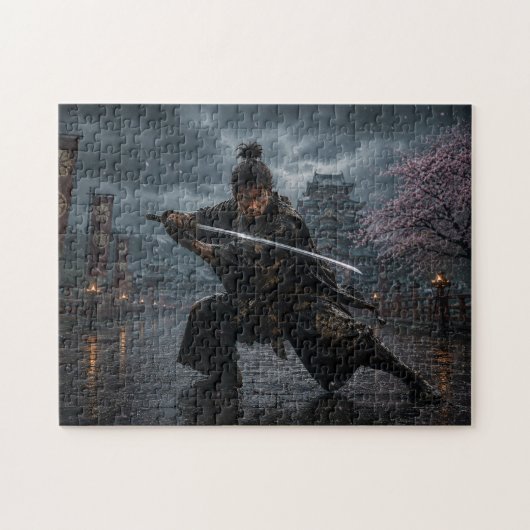 Samurái bajo la lluvia — Guerrero japonés con kata Legpuzzel (Horizontaal)