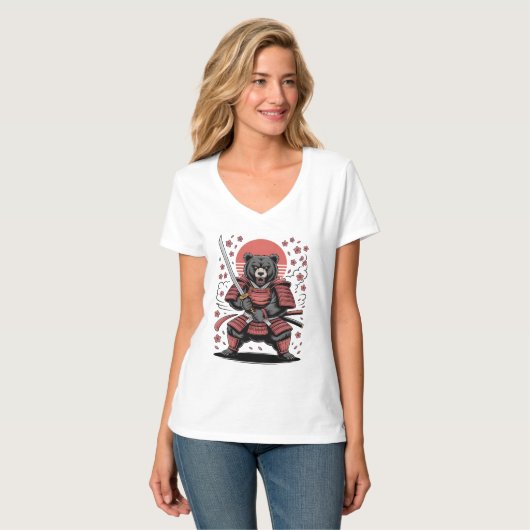 Samurai Bear  Womens V-Neck T-Shirt (Voorkant volledig)