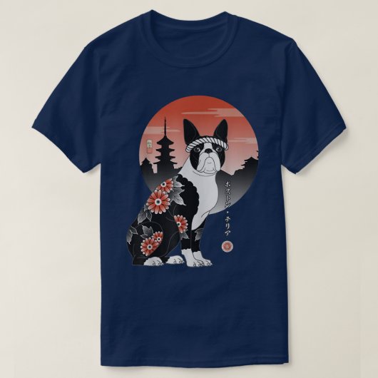 Samurai Boston Terrier Ukiyo-e Japanese Warrior Lo T-shirt (Design voorkant)