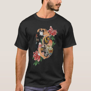 Samurai Boxer Dog Ukiyo E Flowers Japanse arrior T-shirt