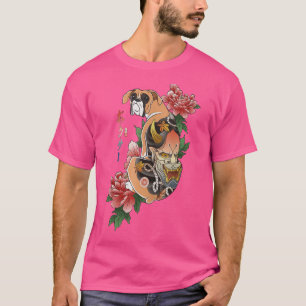 Samurai Boxer Dog Ukiyo E Flowers Japanse arrior T-shirt