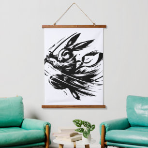 Samurai Bunny Zwarte Inkt Krijger Konijn Hangend Wandkleed