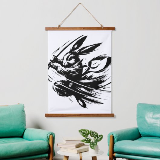 Samurai Bunny Zwarte Inkt Krijger Konijn Hangend Wandkleed (Woonkamer)