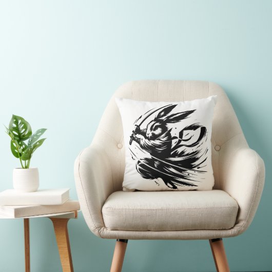 Samurai Bunny Zwarte Inkt Krijger Konijn Kussen (Stoel)