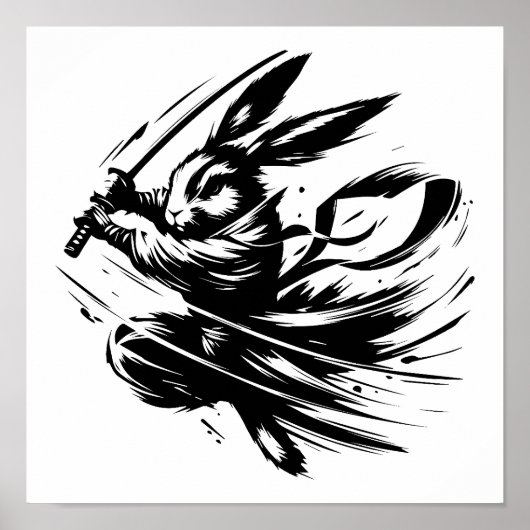 Samurai Bunny Zwarte Inkt Krijger Konijn Poster (Voorkant)