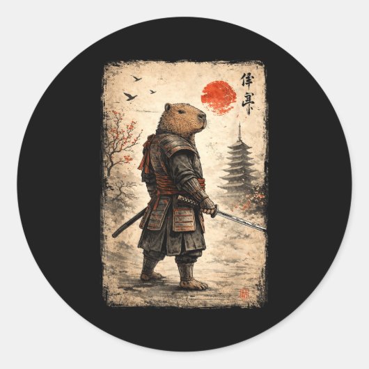 Samurai capybara grappige capybara vintage grafiek ronde sticker (Voorkant)