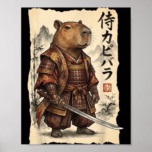 Samurai Capybara Japans Kunst Vintage Grafisch Gra Poster (Voorkant)