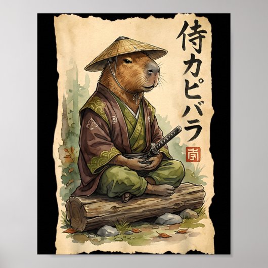 Samurai Capybara Japans Kunst Vintage Grafisch Gra Poster (Voorkant)