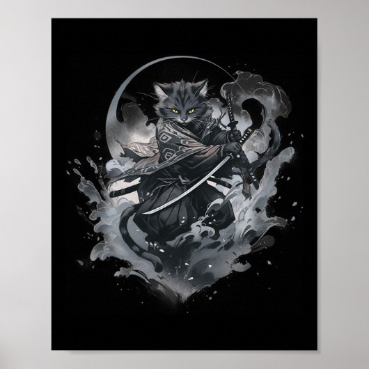 Samurai Cat Anime Japanse Ninja Warrior Esthetisch Poster (Voorkant)