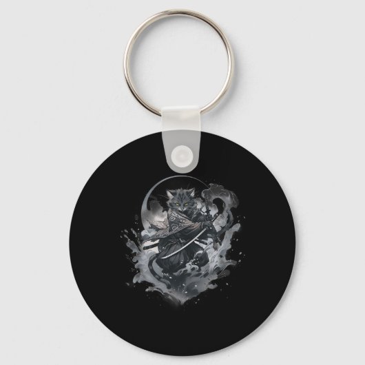 Samurai Cat Anime Japanse Ninja Warrior Esthetisch Sleutelhanger (Voorkant)