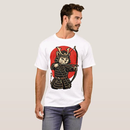Samurai Cat Archer, Japanese Warrior Neko T-shirt (Voorkant volledig)