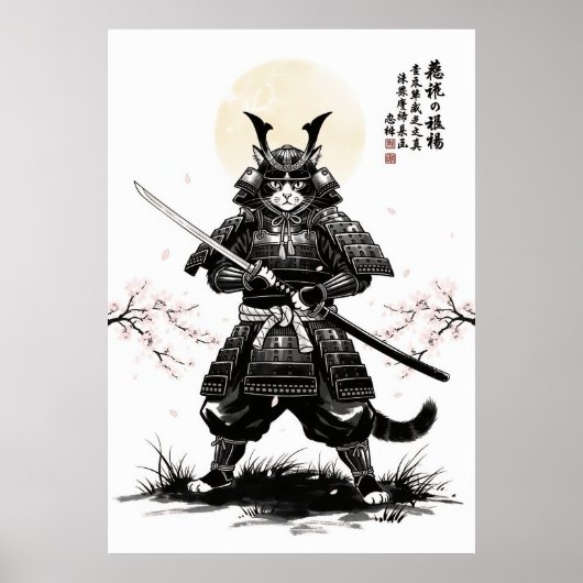 Samurai Cat Art Print with Katana Sword Japanese (Voorkant)