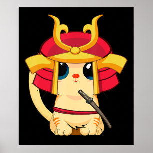 Samurai Cat Cute Japanse Anime Cosplay Halloween Poster