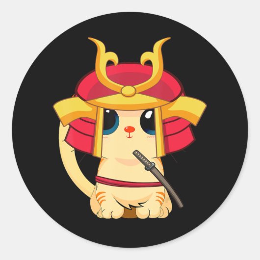 Samurai Cat Cute Japanse Anime Cosplay Halloween Ronde Sticker (Voorkant)