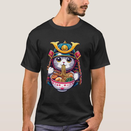 Samurai Cat Eating Ramen Kawaii Ninja Japanese Ani T-shirt (Voorkant)
