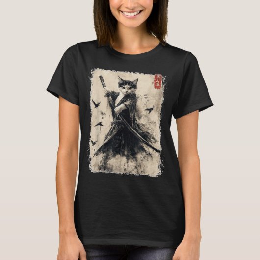Samurai Cat Graphic T-shirt Warrior  Japans (Voorkant)