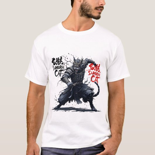 Samurai Cat Graphic T-shirt Warrior  Japans A (Voorkant)