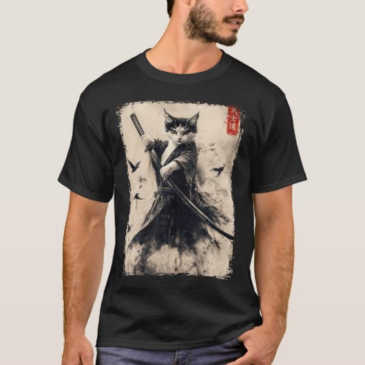 Samurai Cat Graphic T-shirt Warrior Japans A (Voorkant)