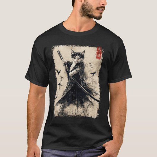 Samurai Cat Graphic T-shirt Warrior  Japans A (Voorkant)