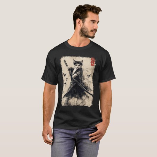 Samurai Cat Graphic T-shirt Warrior  Japans A (Voorkant volledig)