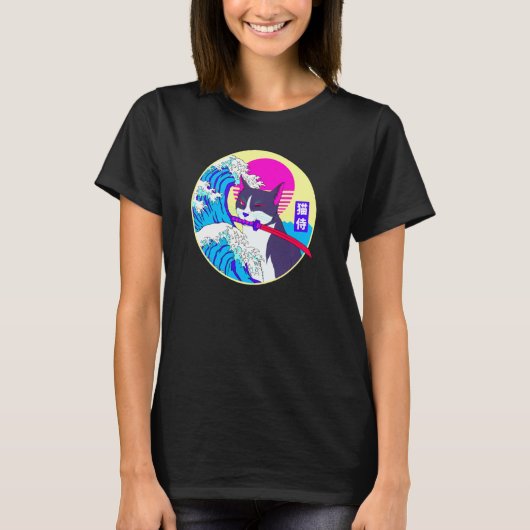 Samurai Cat Great Wave Japan Vaporwave ree Ae T-shirt (Voorkant)