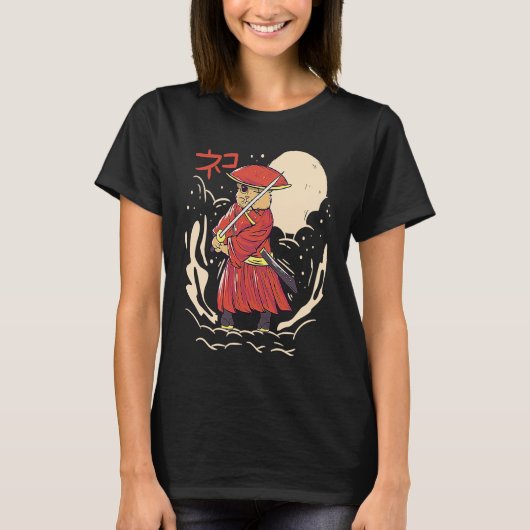 Samurai Cat Illustration  Japanese Cute Graphic T-shirt (Voorkant)