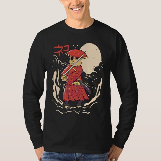Samurai Cat Illustration  Japanese Cute Graphic T-shirt (Voorkant)
