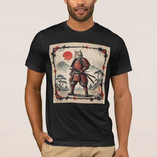 Samurai Cat Illustration T-Shirt | Japanese Sunset (Voorkant)