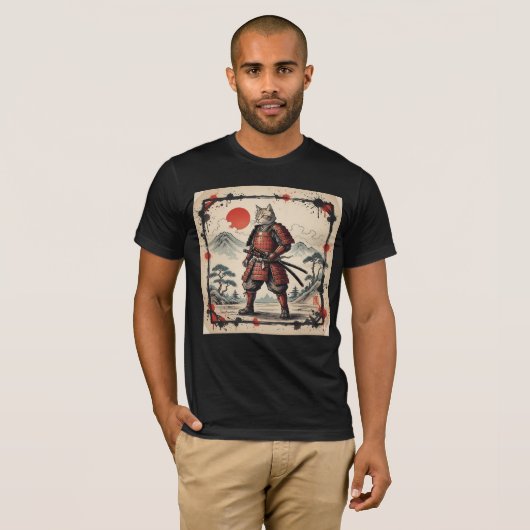 Samurai Cat Illustration T-Shirt | Japanese Sunset (Voorkant volledig)