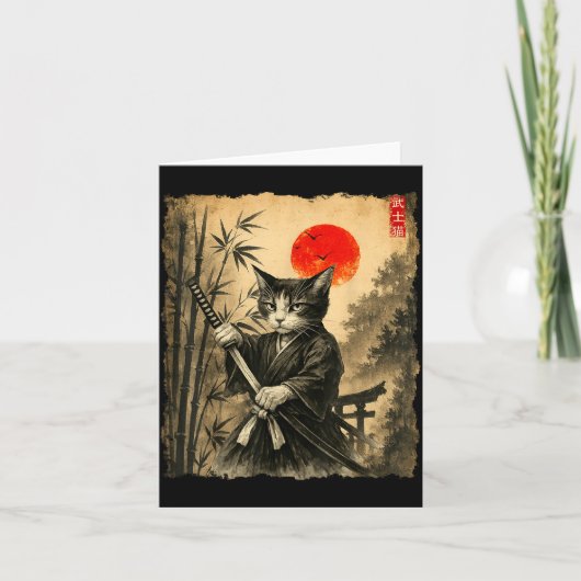 Samurai Cat Japanese Art Men Boys Funny Graphic Te Kaart (Voorkant)