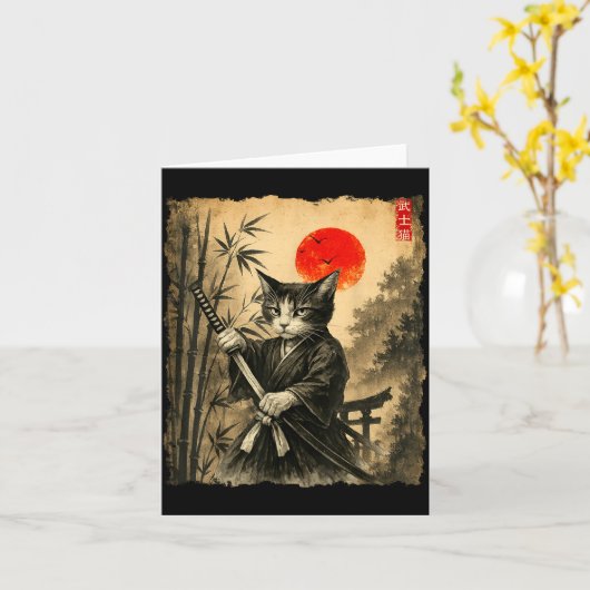 Samurai Cat Japanese Art Men Boys Funny Graphic Te Kaart (Gele Bloem)