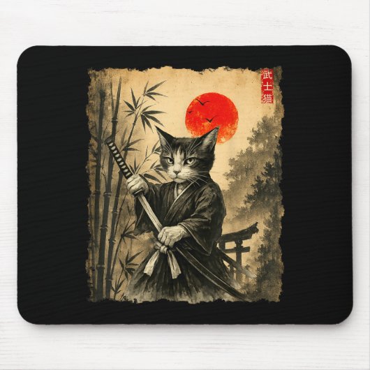 Samurai Cat Japanese Art Men Boys Funny Graphic Te Muismat (Voorkant)
