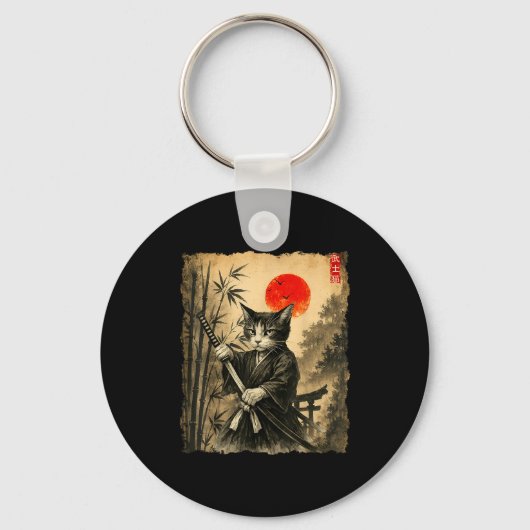 Samurai Cat Japanese Art Men Boys Funny Graphic Te Sleutelhanger (Voorkant)