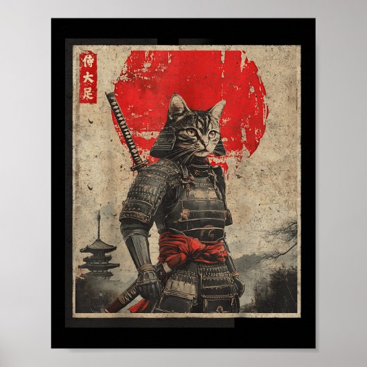 Samurai Cat Japanese Graphic T - shirts Mannen Uk Poster (Voorkant)