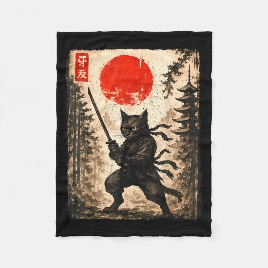 Samurai Cat Japanese Mens Boys Kids Graphic Anime  Fleece Deken (Voorkant)
