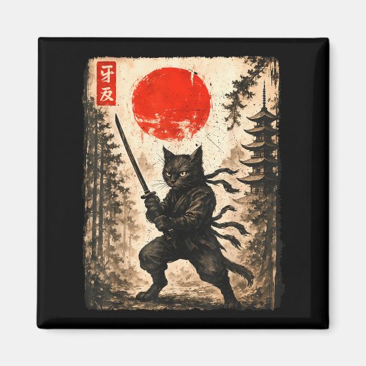 Samurai Cat Japanese Mens Boys Kids Graphic Anime  Magneet (Voorkant)