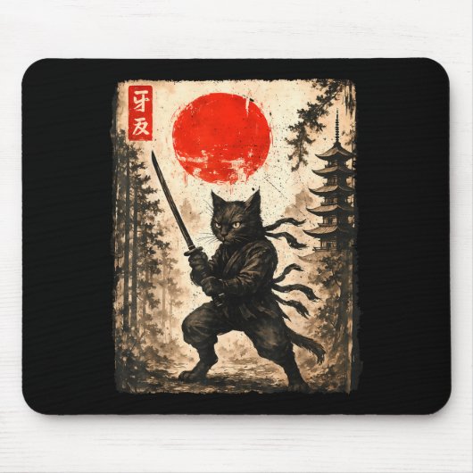 Samurai Cat Japanese Mens Boys Kids Graphic Anime  Muismat (Voorkant)
