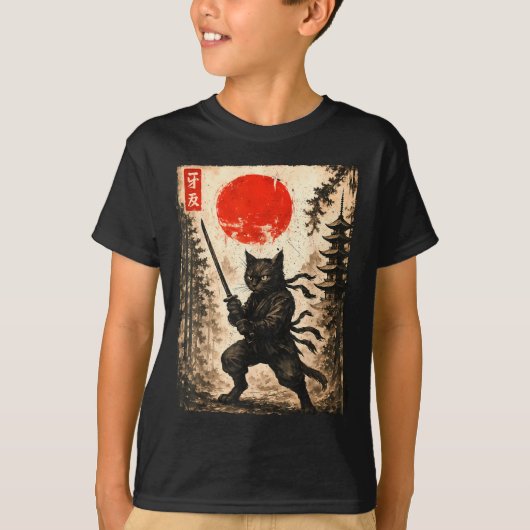 Samurai Cat Japanese Mens Boys Kids Graphic Anime T-shirt (Voorkant)