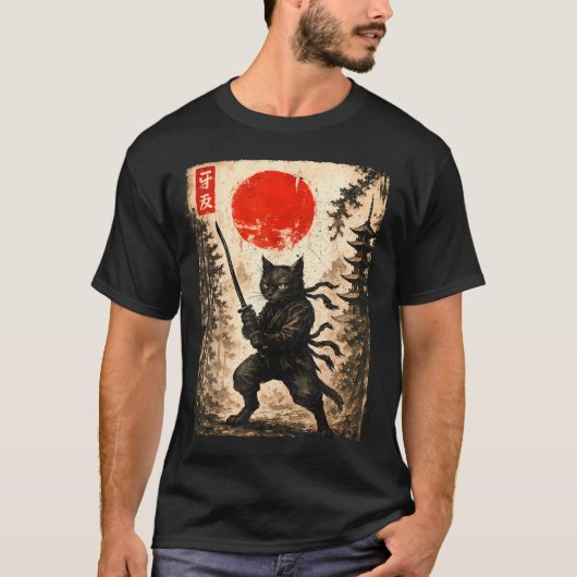 Samurai Cat Japanese Mens Boys Kids Graphic Anime T-shirt (Voorkant)