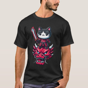 Samurai Cat met Zwaard op Draak in Epic 3D Effect T-shirt