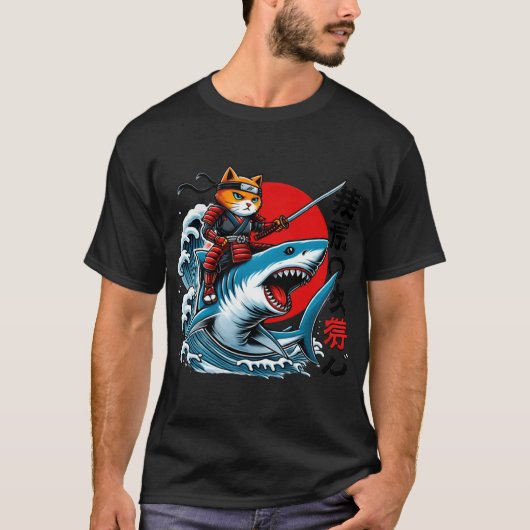 Samurai Cat Ninja Japanese Art Cat Shark Kanagawa T-shirt (Voorkant)