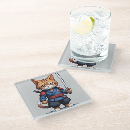 Samurai Cat Pixel Art Glazen Onderzetter (Schuin)