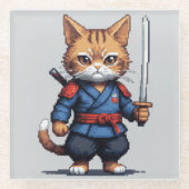 Samurai Cat Pixel Art Glazen Onderzetter (Voorkant)