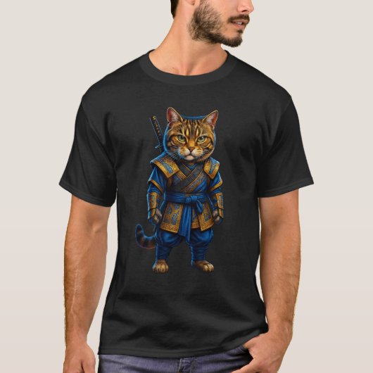 Samurai Cat T-Shirt – Golden Warrior in Blue Armor (Voorkant)