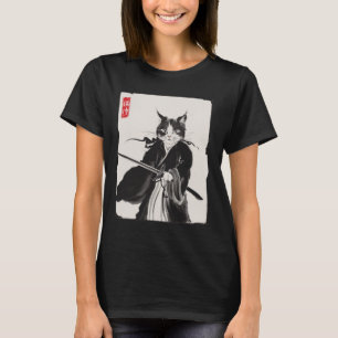 Samurai Cat Warrior Ink Art Grappige Japanse stijl T-shirt