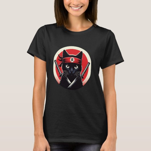 Samurai Cat Warrior Katana Japanse Ninja Art T-shirt (Voorkant)