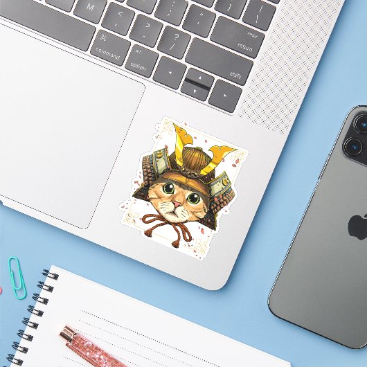 Samurai Cat Warrior Samurai Cat Lovers Sticker (Laptop met iPhone)